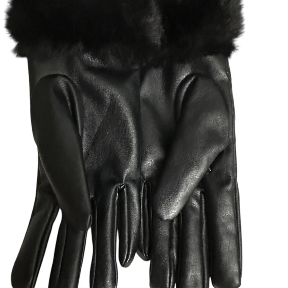 I.N.C. International Concepts Women's Faux-Leather Faux-Fur-Trim Gloves NWOT Blk